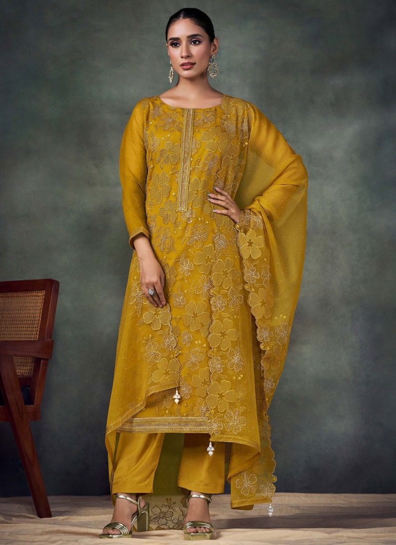 Chiffon Embroidered Mustard Designer Salwar Kameez