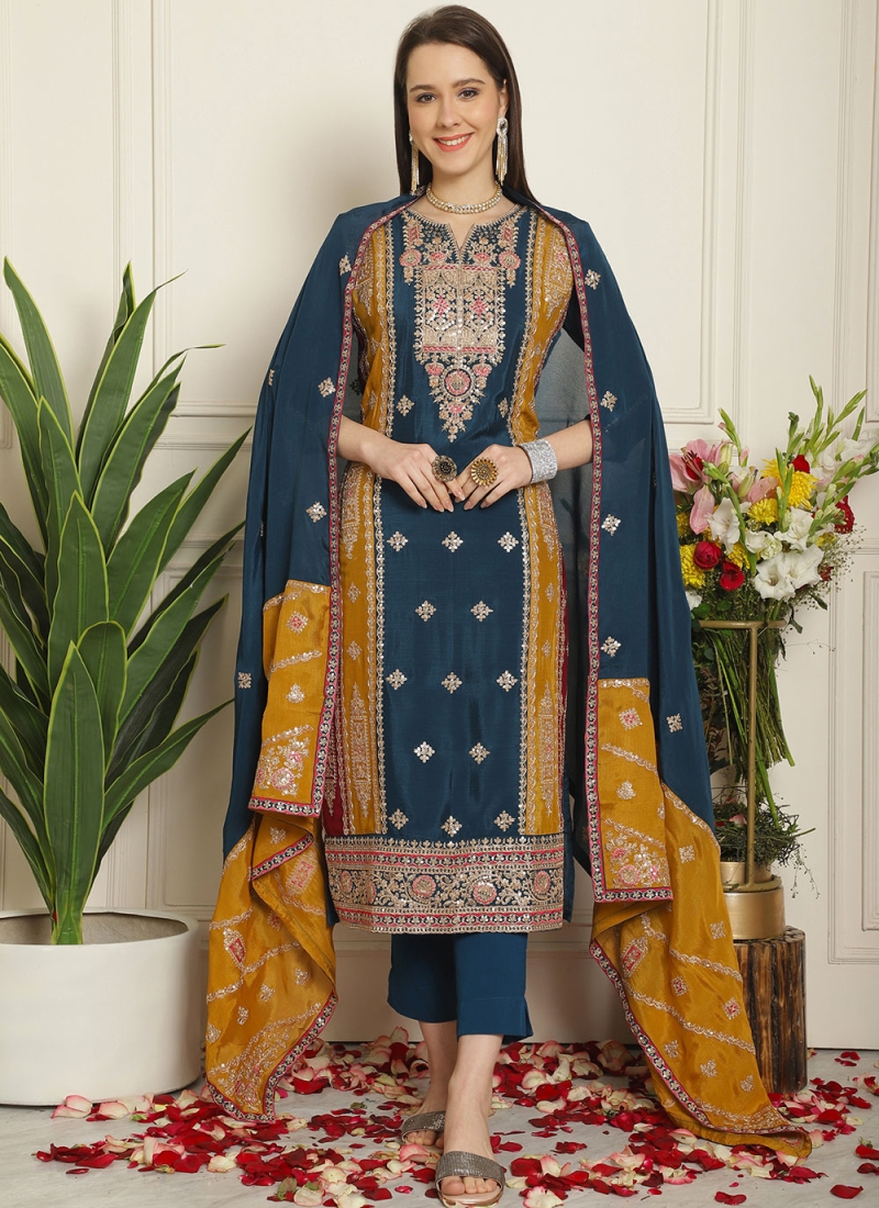 Chiffon Embroidered Trendy Salwar Kameez in Navy Blue