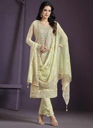 Chiffon Lucknowi work Salwar Kameez in Green and Yellow