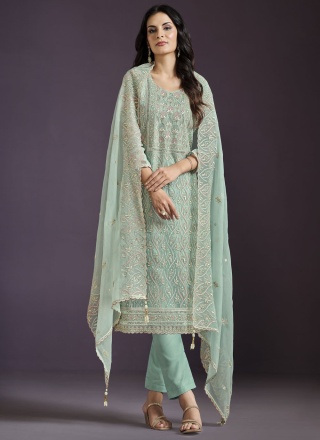 Chiffon Lucknowi work Trendy Salwar Kameez in Aqua Blue