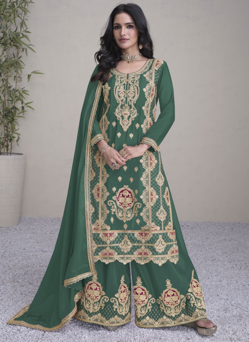 Chinon Buttons Readymade Salwar Kameez in Green