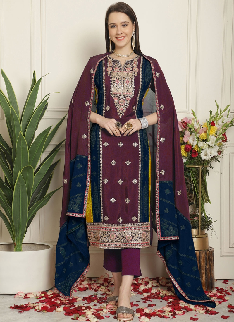 Chinon Embroidered Designer Salwar Kameez in Magenta