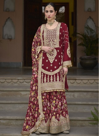 Chinon Embroidered Designer Salwar Kameez in Maroon