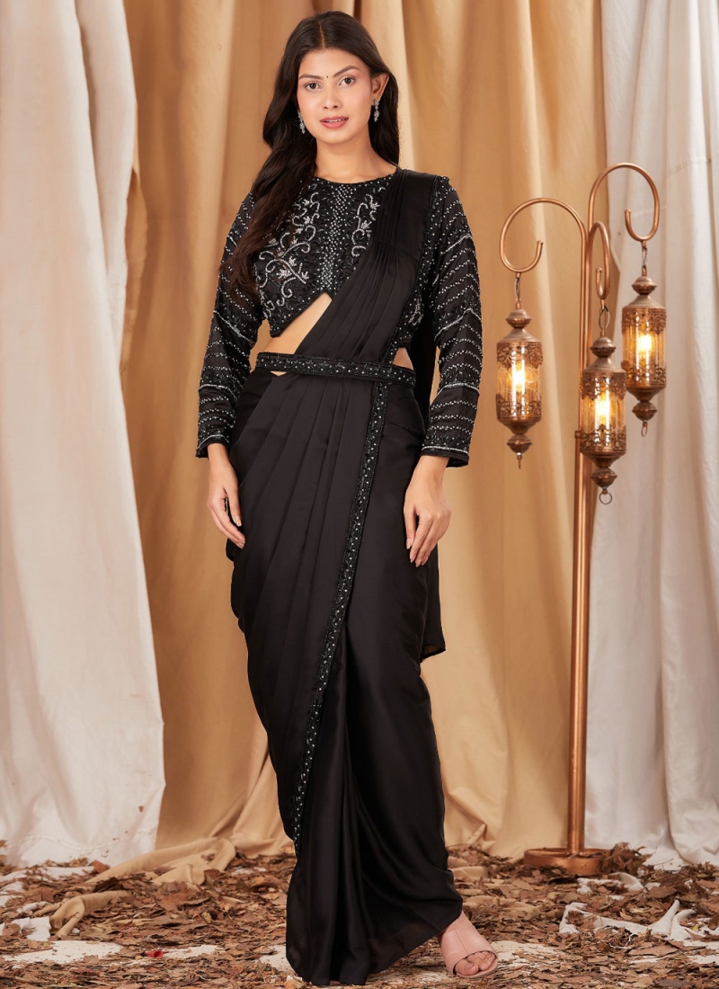 Chinon Embroidered Designer Saree in Black