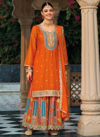 Chinon Embroidered Orange Designer Salwar Suit