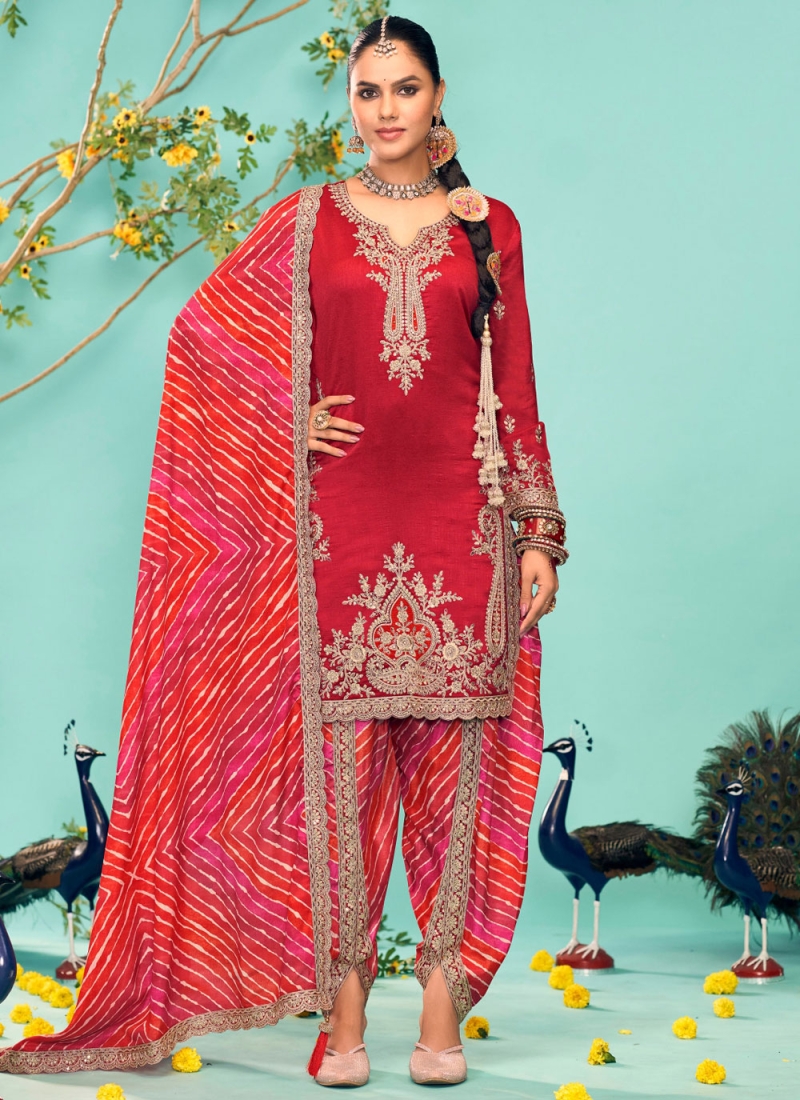 Chinon Embroidered Readymade Salwar Kameez in Red