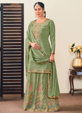 Chinon Green Zari Readymade Lehenga Choli