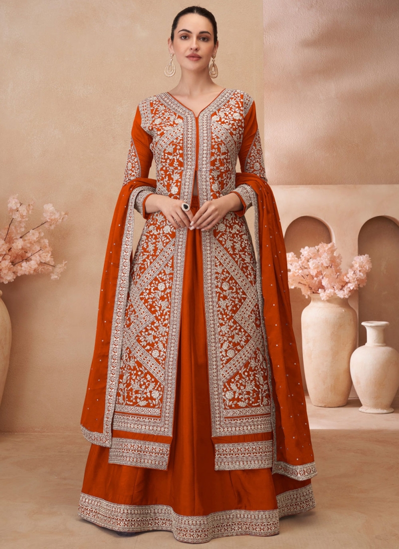 Chinon Readymade Lehenga Choli in Orange and Rust