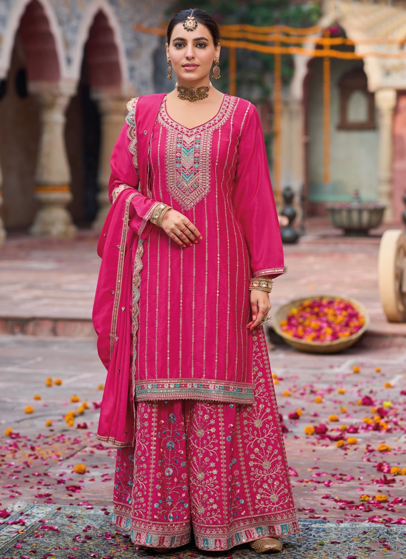 Chinon Readymade Salwar Kameez in Rani