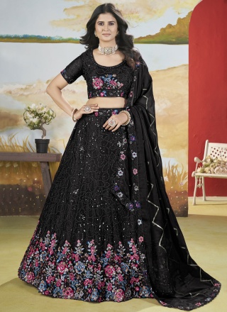 Chinon Sequins A Line Lehenga Choli in Black