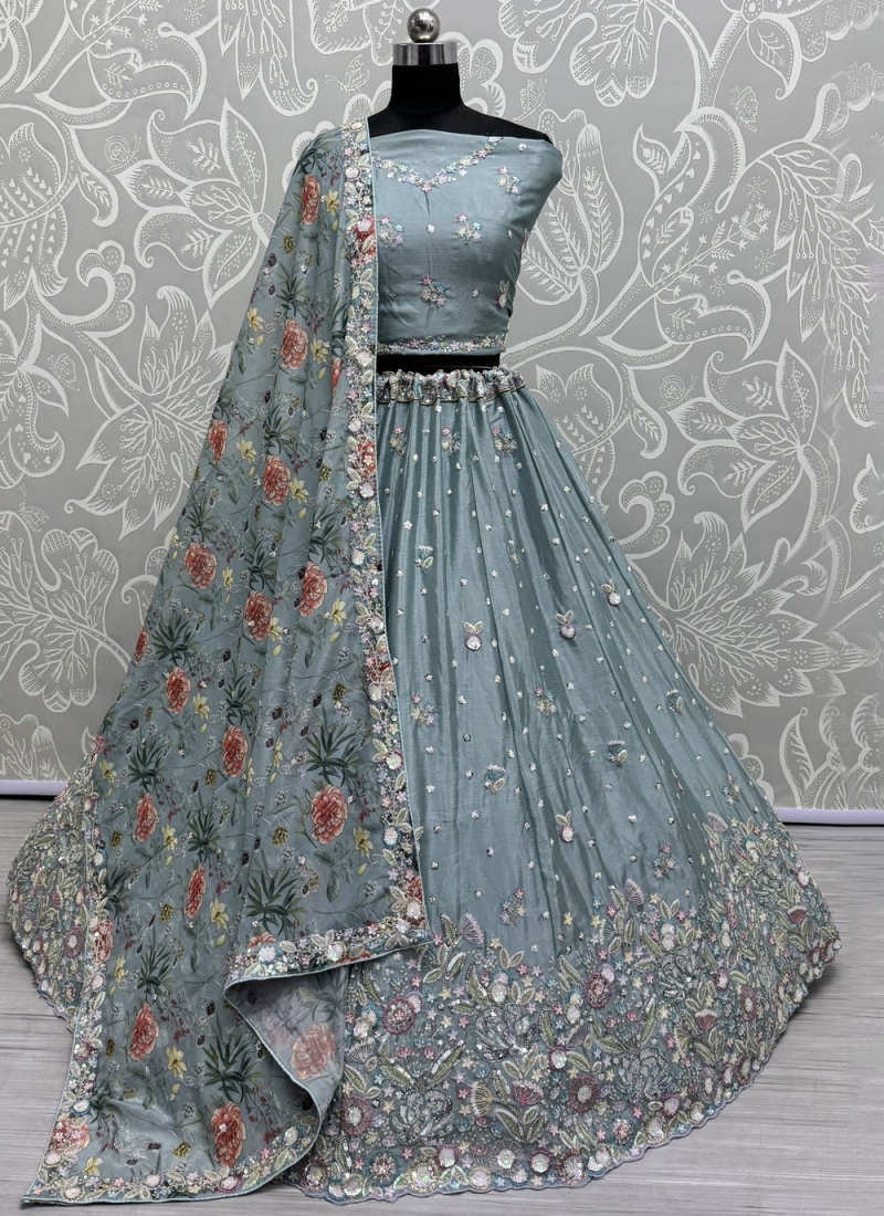 Chinon Sequins Lehenga Choli in Blue