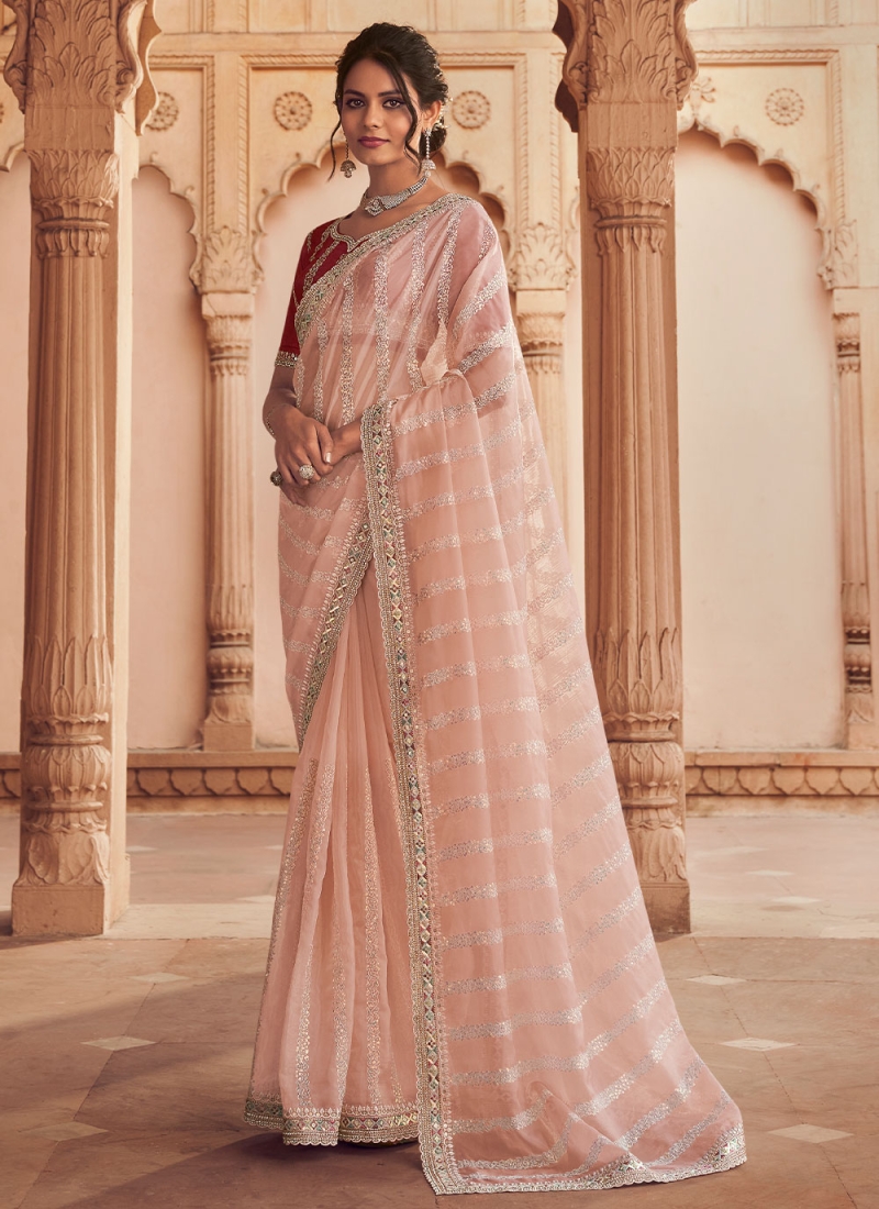 Buy Pink Printed Saree With Mirror Work Border And Unstitched Blouse Fabric  KALKI Fashion India