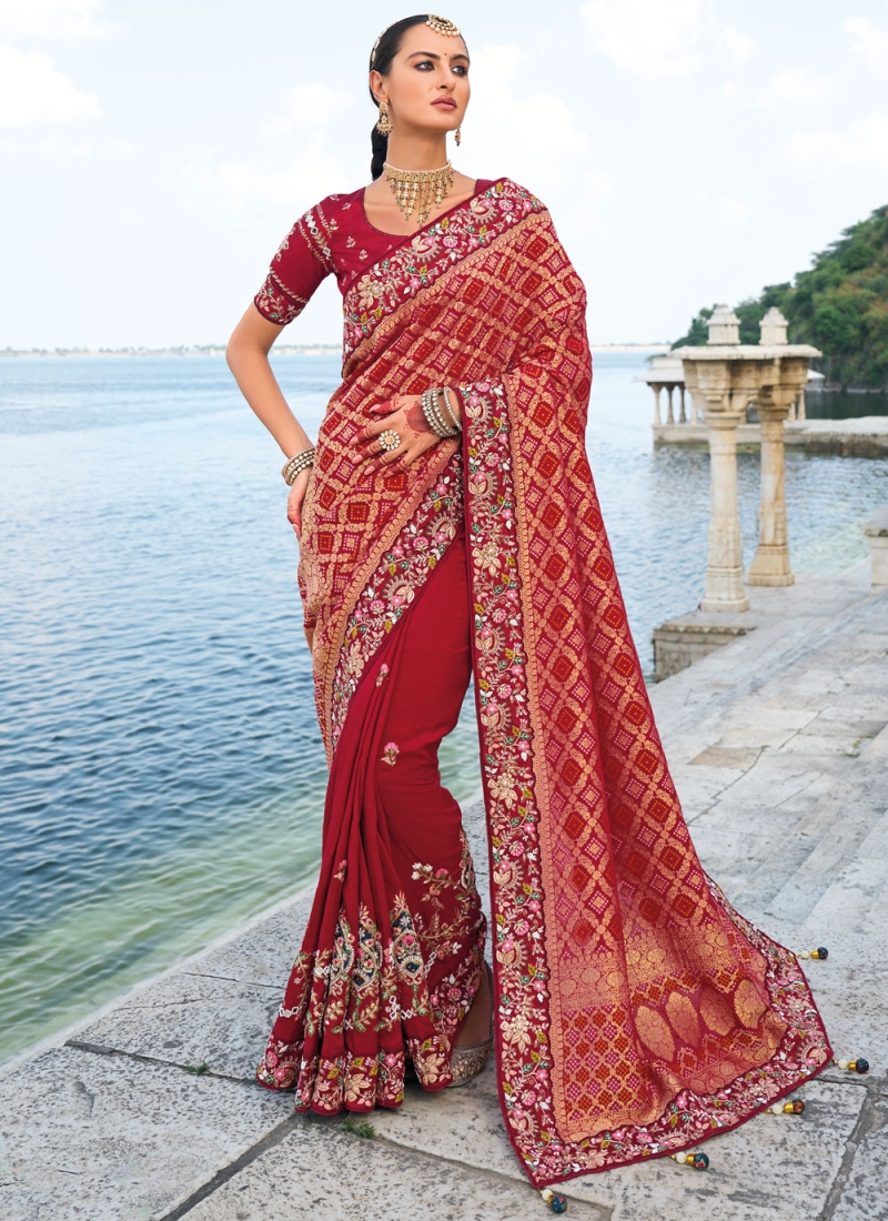 Classic Saree Embroidered Kanjivaram Silk in Red