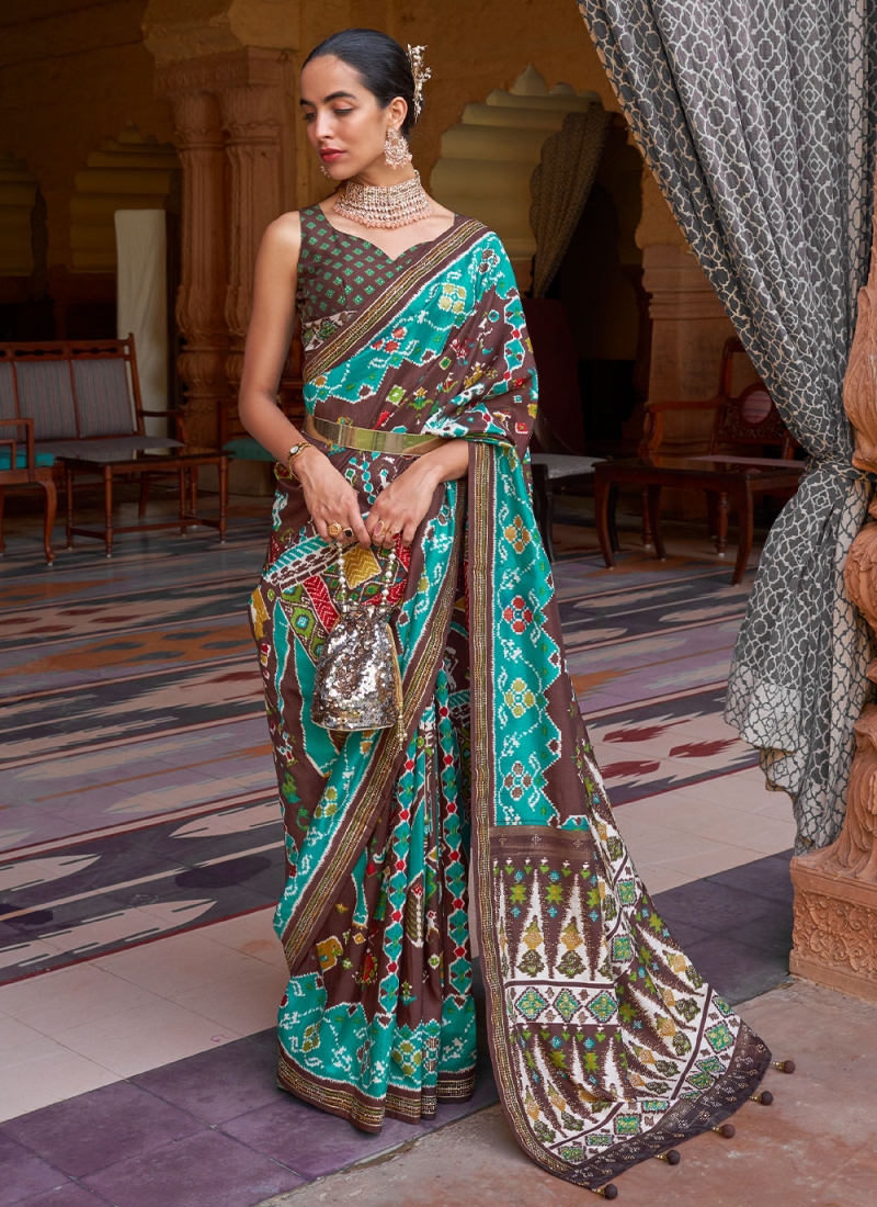 Shop Online Printed Sea Green Patola Silk Saree : 258835 -