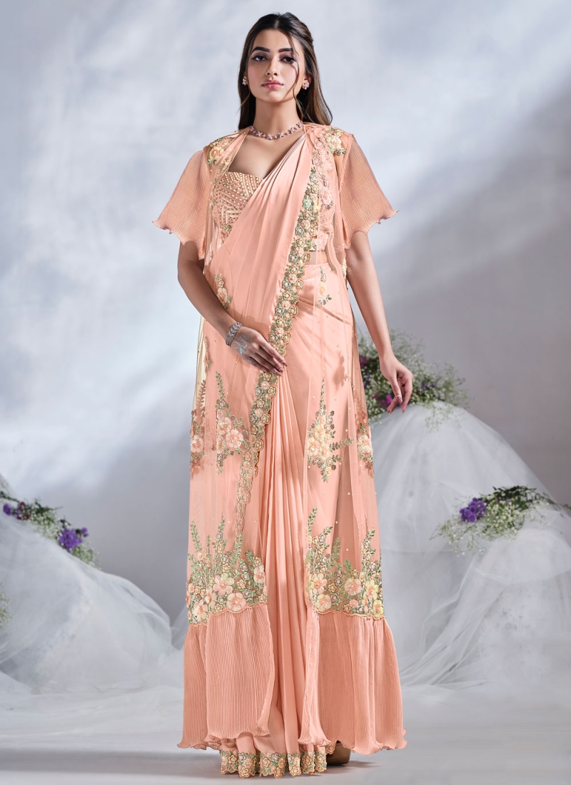 Classical Satin Silk Peach Classic Saree