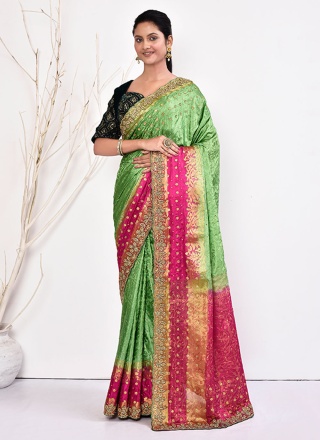 Compelling Green Handwork Classic Saree