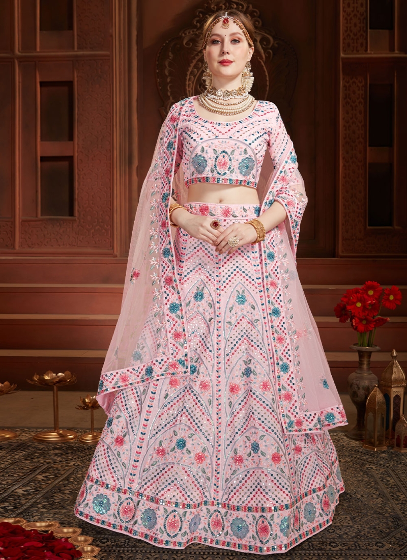 Heavy Designer Dori,Sequance Embroidery Work Soft Net Wedding Lehenga Choli  in Baby Pink - LC4418