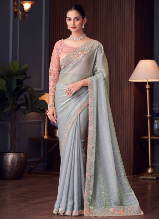 Competent Georgette Embroidered Grey Trendy Saree