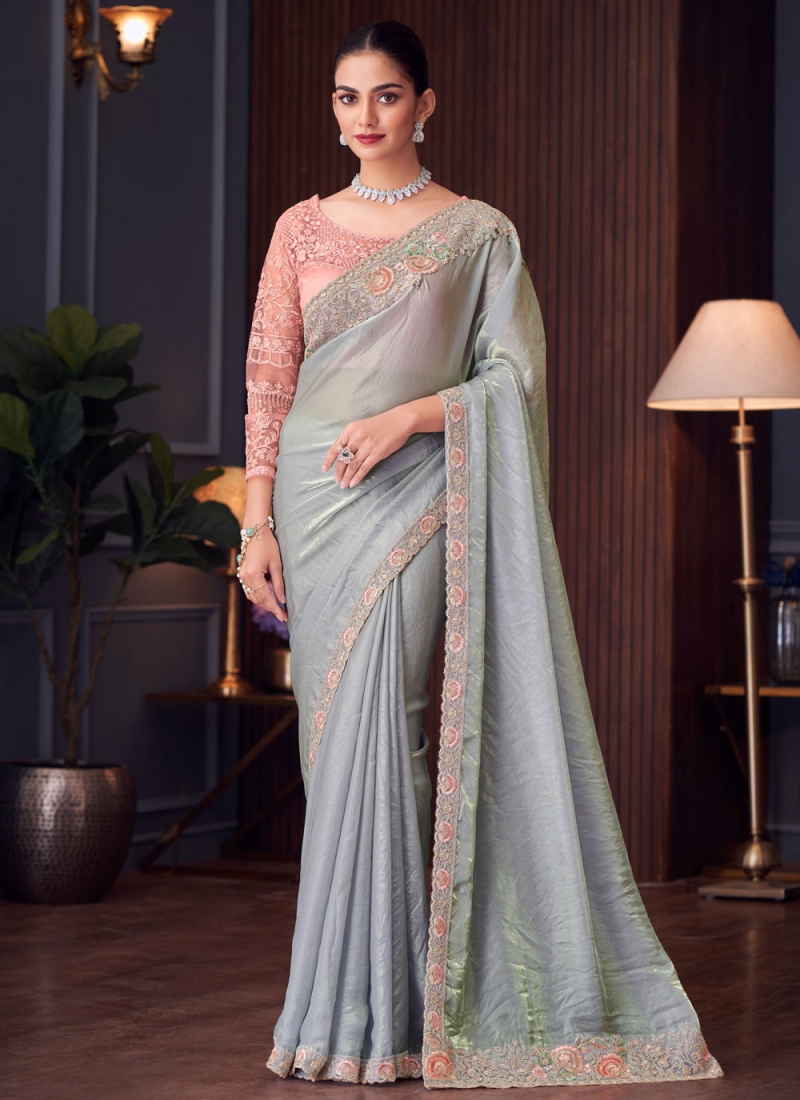 Competent Georgette Embroidered Grey Trendy Saree