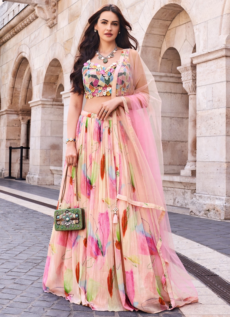 Competent Peach Embroidered Lehenga Choli