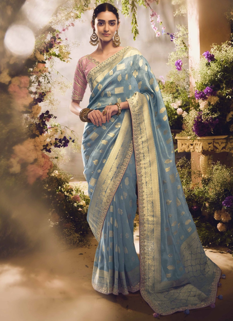 Competent Silk Blue and Grey Border Designer Saree