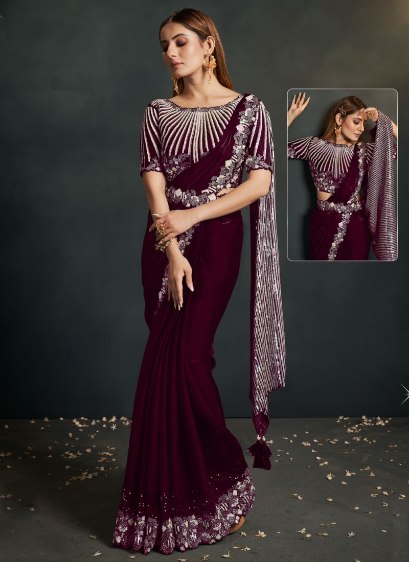 Congenial Cord Satin Silk Wine Contemporary Saree