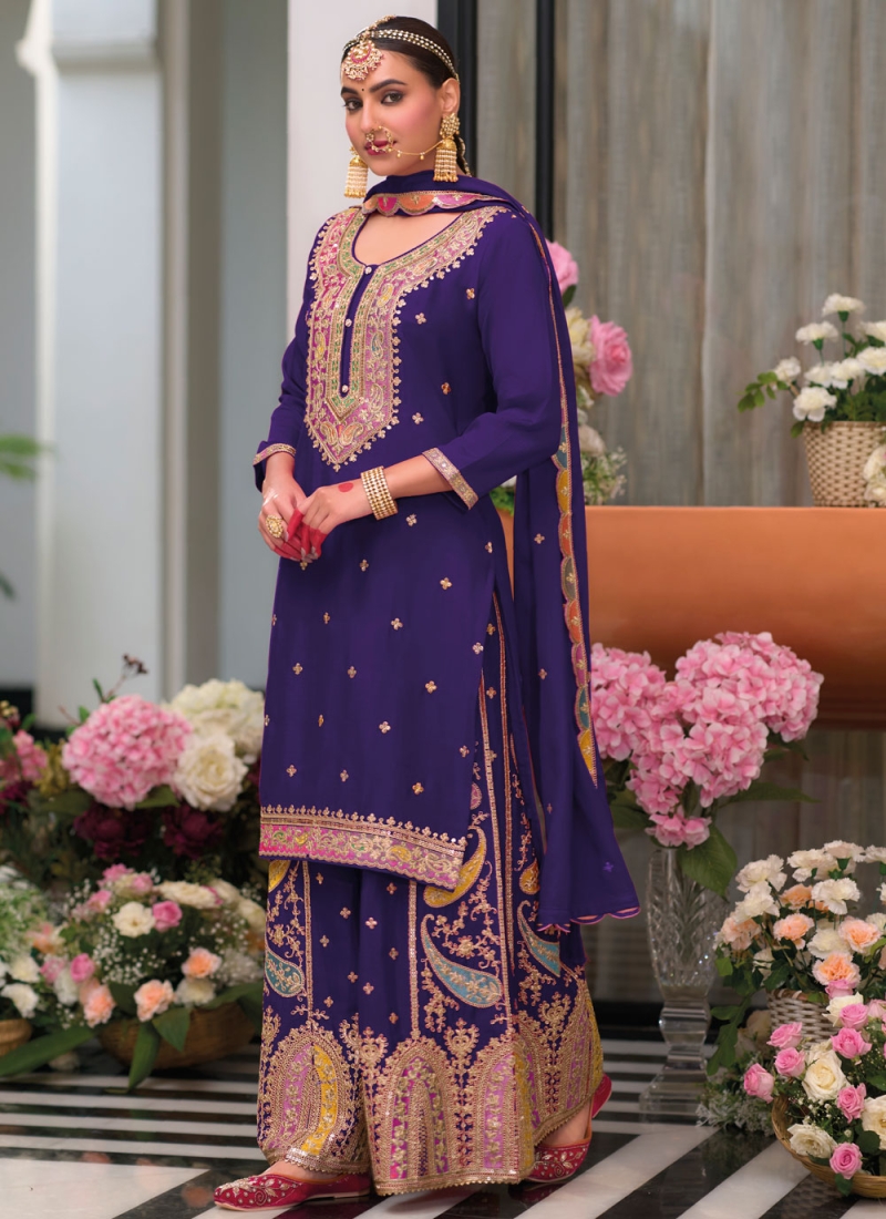 Conspicuous Buttons Violet Chinon Trendy Salwar Kameez