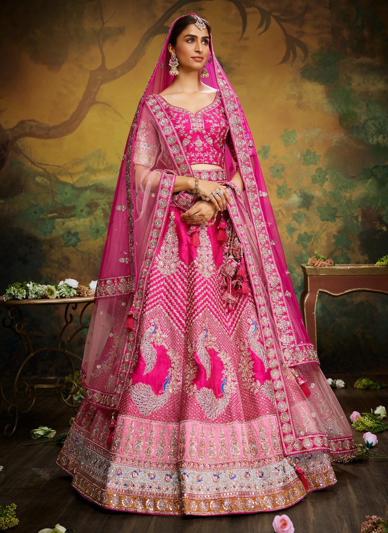 Conspicuous Hot Pink Embroidered Silk A Line Lehenga Choli