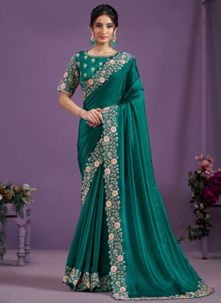 Contemporary Saree Moti Satin Silk in Green and Teal