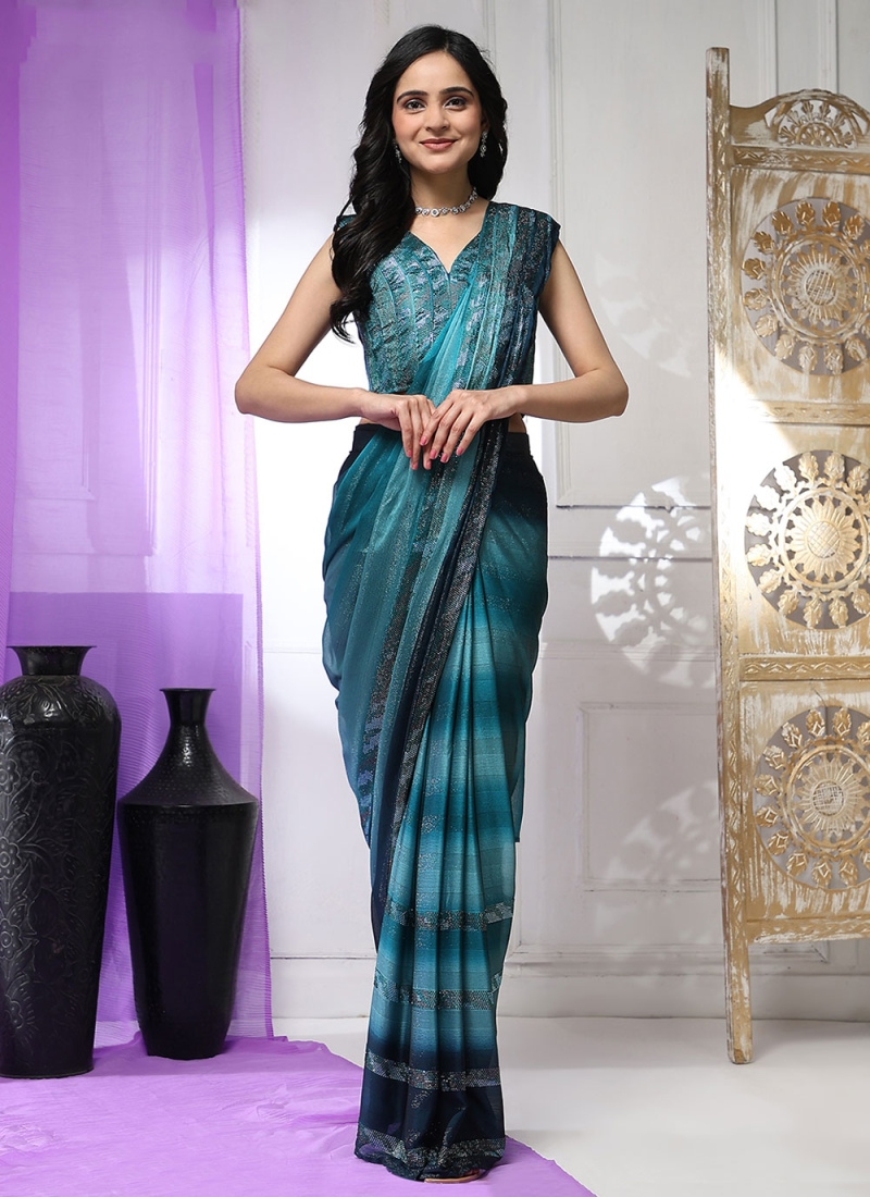 Contemporary Saree Stone Work Satin Silk in Firozi