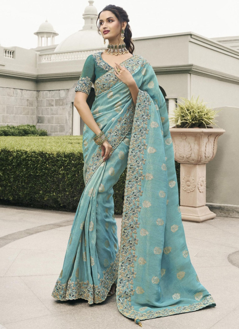 Contemporary Saree Weaving Tussar Silk in Aqua Blue