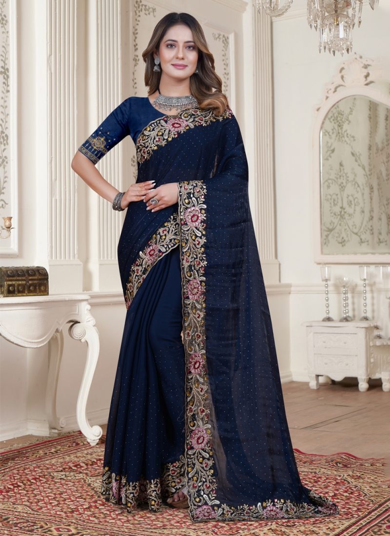 Panoply Navy Blue Soft Banarasi Silk Saree With Moiety Blous