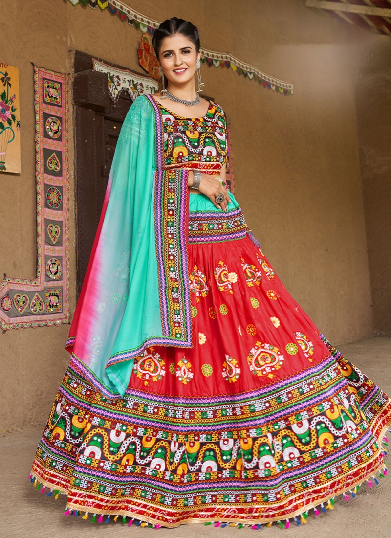 Red Cotton Printed And Mirror Handwork Gujarati Garba lehenga Chaniya Choli  Set | eBay