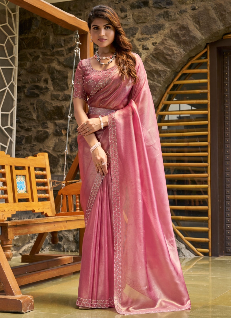 Cotton Silk Swarovski Rose Pink Classic Saree