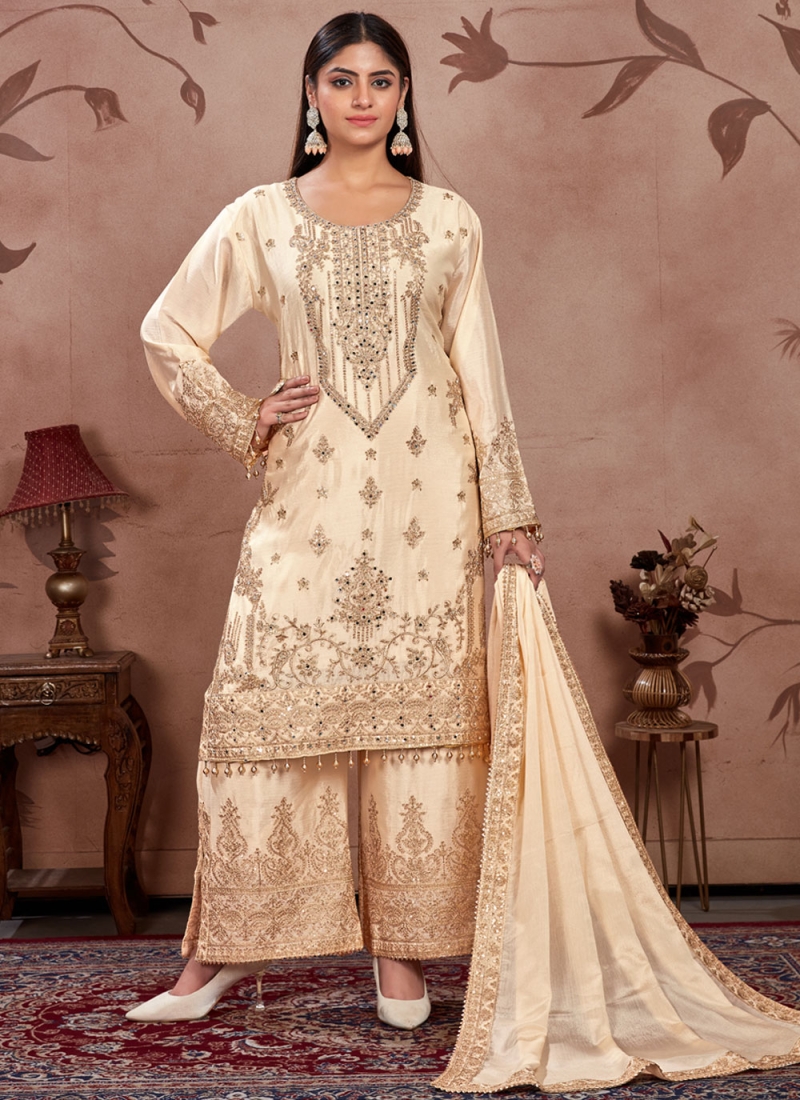 Cream Chinon Mirror Readymade Salwar Kameez