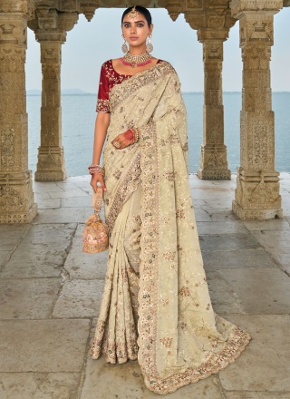 Cream Embroidered Ceremonial Classic Saree