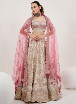 Cream Engagement Tussar Silk Readymade Lehenga Choli