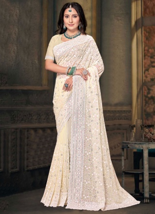 Cream Georgette Ceremonial Designer Saree