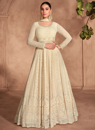 Cream Georgette Sequins Readymade Gown