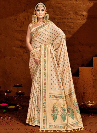 Cream Handloom silk Trendy Saree