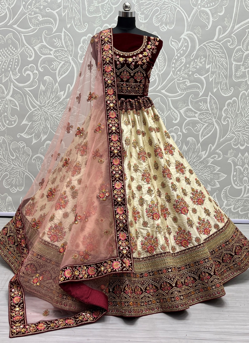 Beautiful Cream Multi Coloured Thread Work Lehenga Choli With, Dupatta And  Cancan - Rooh Fashions