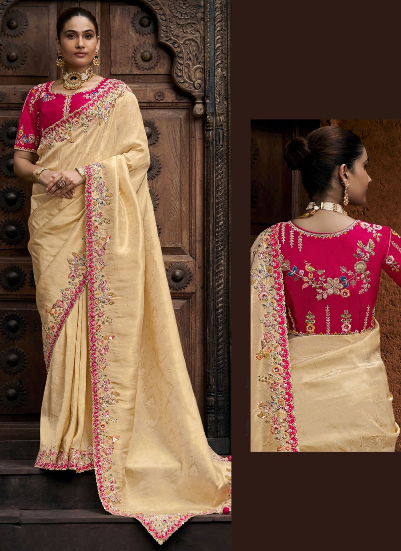 Cream Wedding Tissue Designer Saree