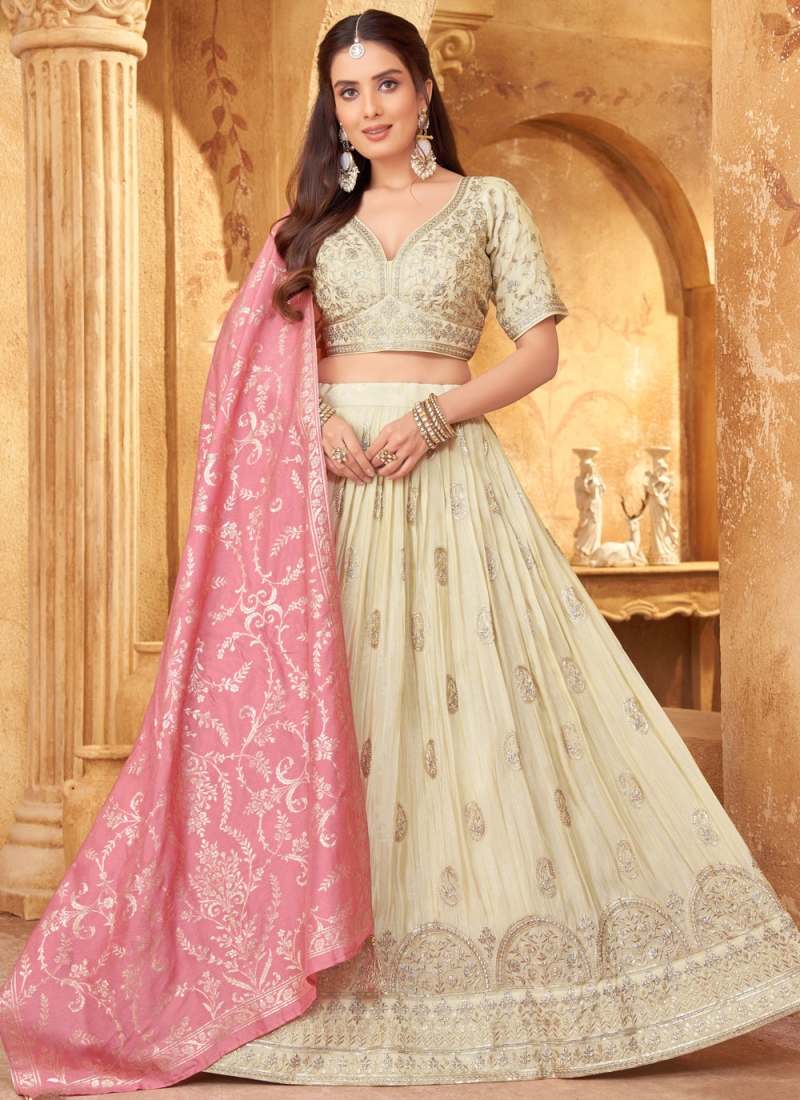 Cream Zari Engagement Readymade Lehenga Choli