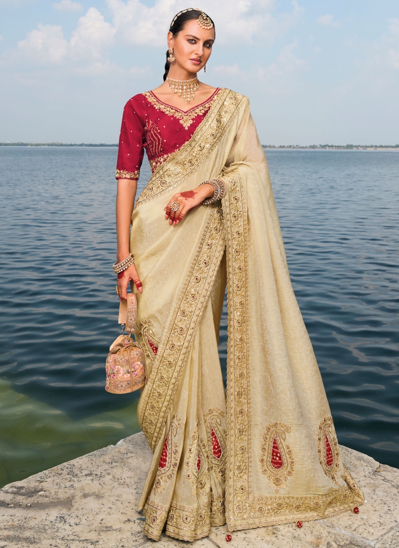 Cream Zari Pure Crepe Traditional Saree