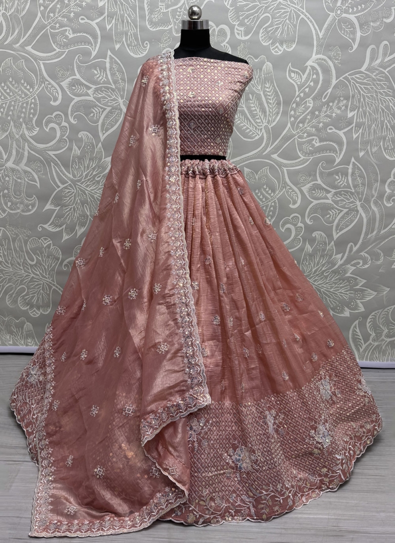 Crush Salmon Zari Trendy Long Choli Lehenga