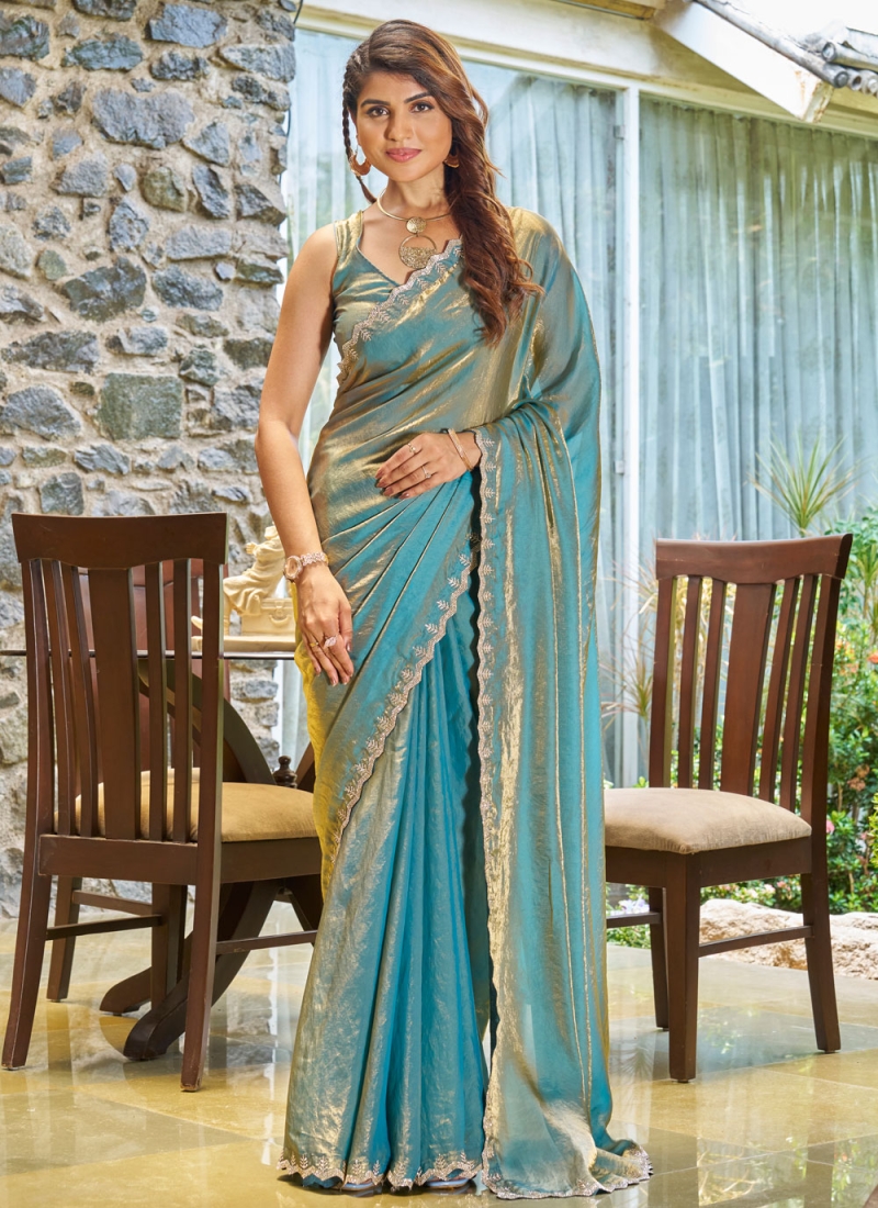 Customary Firozi Swarovski Satin Silk Designer Saree