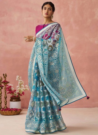 Customary Print Aqua Blue Brasso Classic Saree