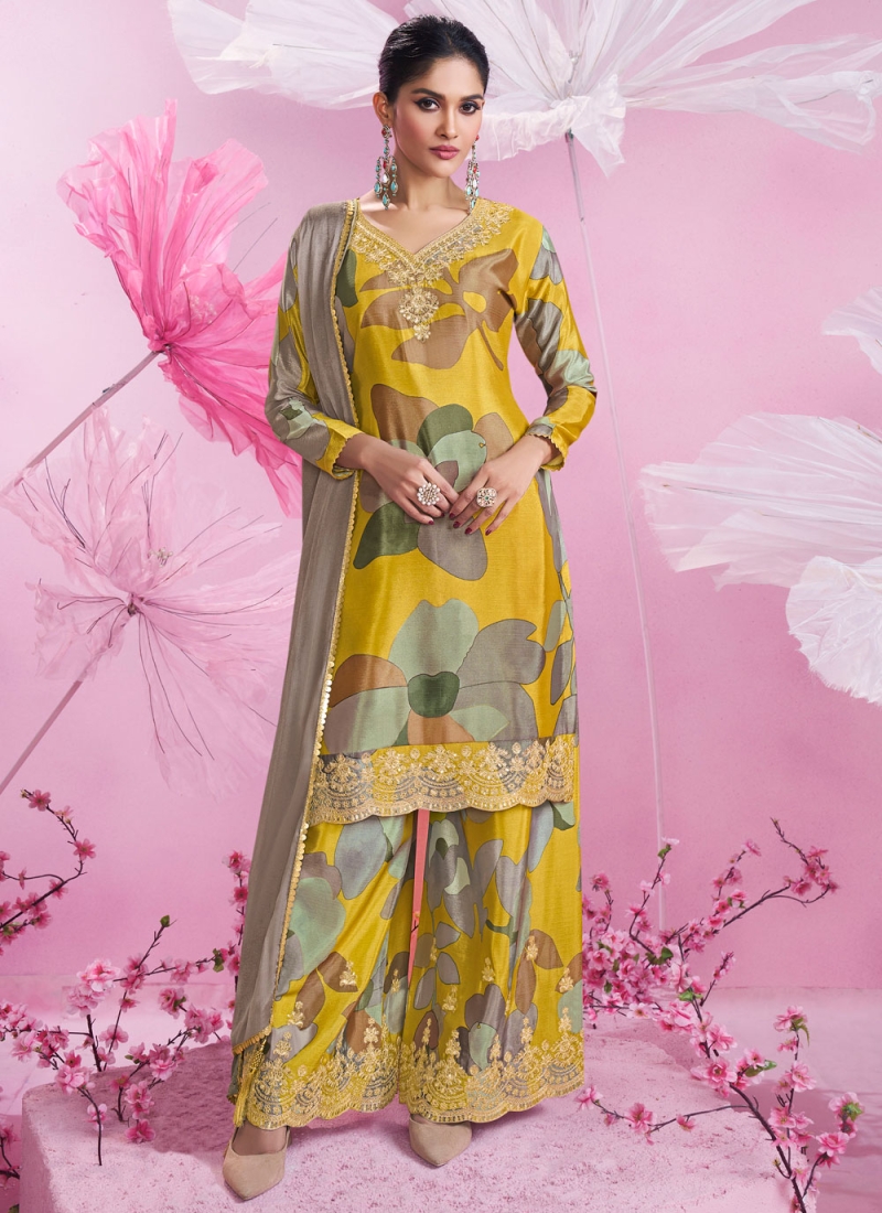 Customary Zari Mustard Chinon Readymade Salwar Kameez