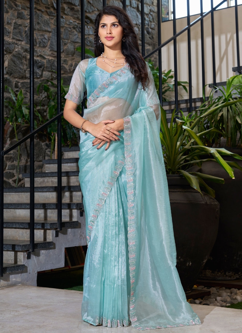 Cutdana Organza Designer Saree in Aqua Blue