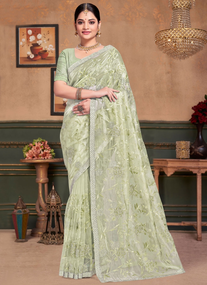 Cute Beads Organza Green and Grey Traditional Saree